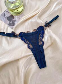 女士性感、透氣、舒適的丁字褲，腰圍可調節，藍色，蝴蝶刺繡性感內衣
