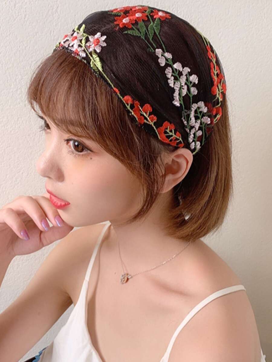 1pc Versatile, Simple & Cute Embroidered Mesh Hairband For Women - Multicolor - View 1