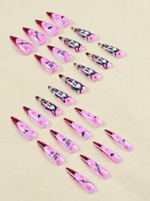 24 件 Y2K 風格杏仁形條紋假指甲，附 1 張膠帶和 1 個指甲銼，適用於美甲 - 彩色 - 查看 3