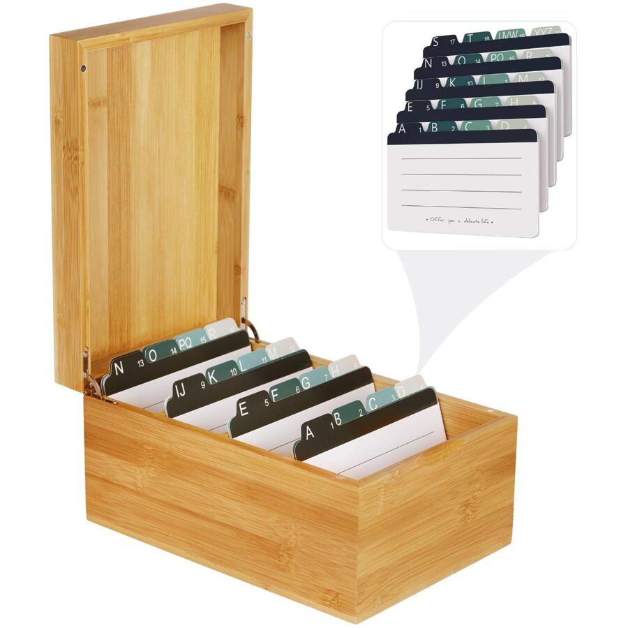 MaxGear Business Card Holder, 4 x 6 Inch Index Card Organizer for Desk with 4 Dividers, Recipe Card Holder Wooden Card Holder Holds 600 Cards, Bamboo, A-Z Tabs, 10 x 6.9 x 4.5 Inches