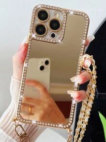 Rhinestone Decor Mirror Phone Case With Lanyard - Gold - View 2