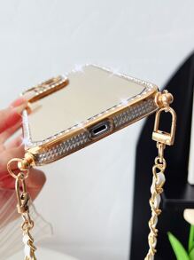 Rhinestone Decor Mirror Phone Case With Lanyard - Gold - View 4
