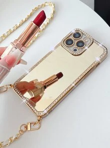 Rhinestone Decor Mirror Phone Case With Lanyard - Gold - View 6