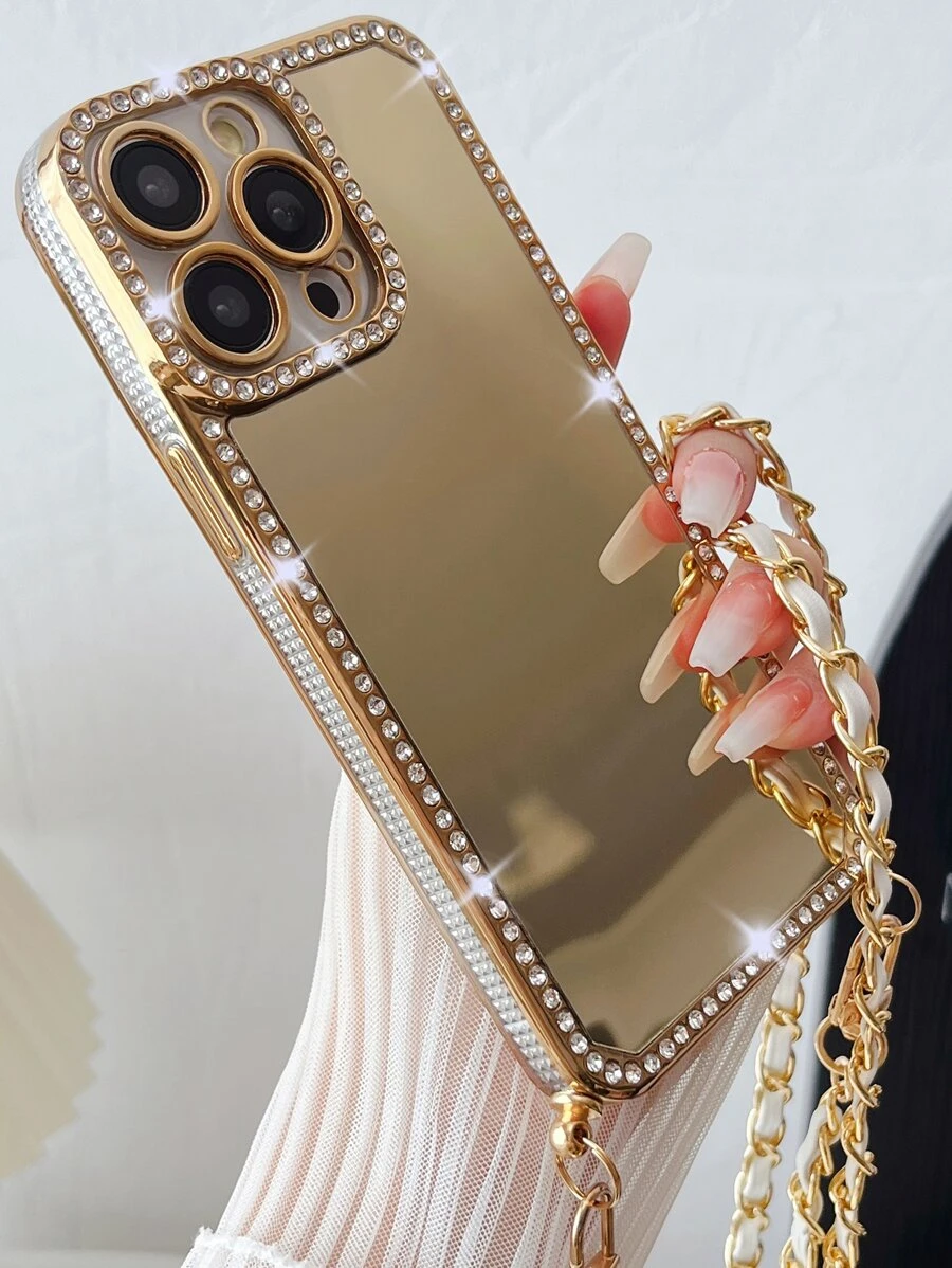 Rhinestone Decor Mirror Phone Case With Lanyard - Gold - View 1