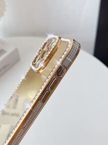 Rhinestone Decor Mirror Phone Case With Lanyard - Gold - View 3