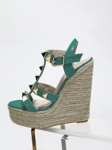 女款高跟楔形涼鞋，防水底台，厚底，編織草，帶子，高度增加14公分 - 綠色 - 查看 1