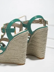 女款高跟楔形涼鞋，防水底台，厚底，編織草，帶子，高度增加14公分 - 綠色 - 查看 2