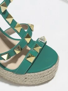 女款高跟楔形涼鞋，防水底台，厚底，編織草，帶子，高度增加14公分 - 綠色 - 查看 3