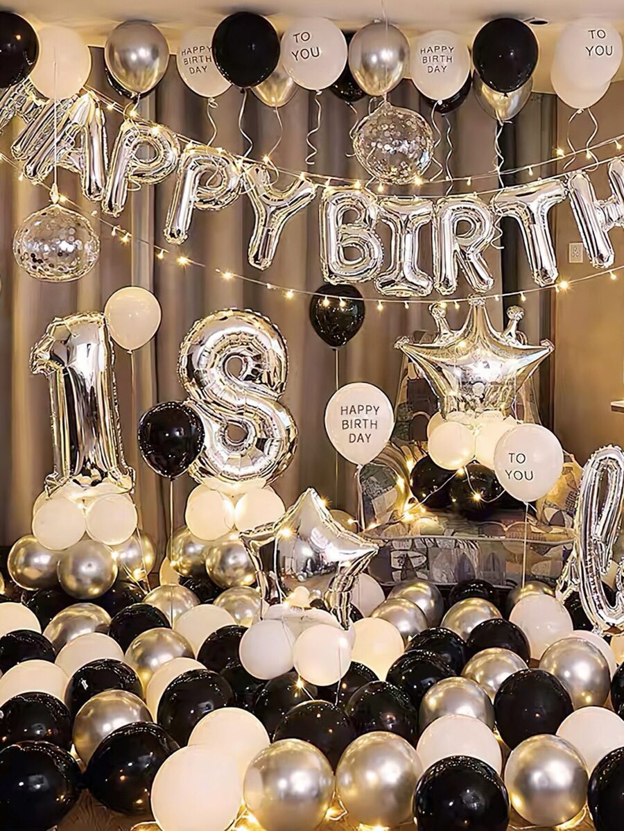 56pcs 18th Birthday Party Decoration Set, Silver Balloon Mix In Latex And Foil Material, Christmas