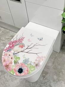 1 pieza Pegatina para tapa de inodoro con diseño de flores y mariposas para decoración de inodoro, pegatinas, vinilos decorativos para el hogar, artículos de decoración de primavera para refrescar tu hogar, pegatinas de decoración de ramas - Multicolor - Ver 3