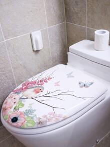 1 pieza Pegatina para tapa de inodoro con diseño de flores y mariposas para decoración de inodoro, pegatinas, vinilos decorativos para el hogar, artículos de decoración de primavera para refrescar tu hogar, pegatinas de decoración de ramas - Multicolor - Ver 4