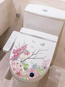 1 pieza Pegatina para tapa de inodoro con diseño de flores y mariposas para decoración de inodoro, pegatinas, vinilos decorativos para el hogar, artículos de decoración de primavera para refrescar tu hogar, pegatinas de decoración de ramas - Multicolor - Ver 5