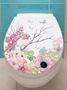 1 pieza Pegatina para tapa de inodoro con diseño de flores y mariposas para decoración de inodoro, pegatinas, vinilos decorativos para el hogar, artículos de decoración de primavera para refrescar tu hogar, pegatinas de decoración de ramas - Multicolor - Ver 1
