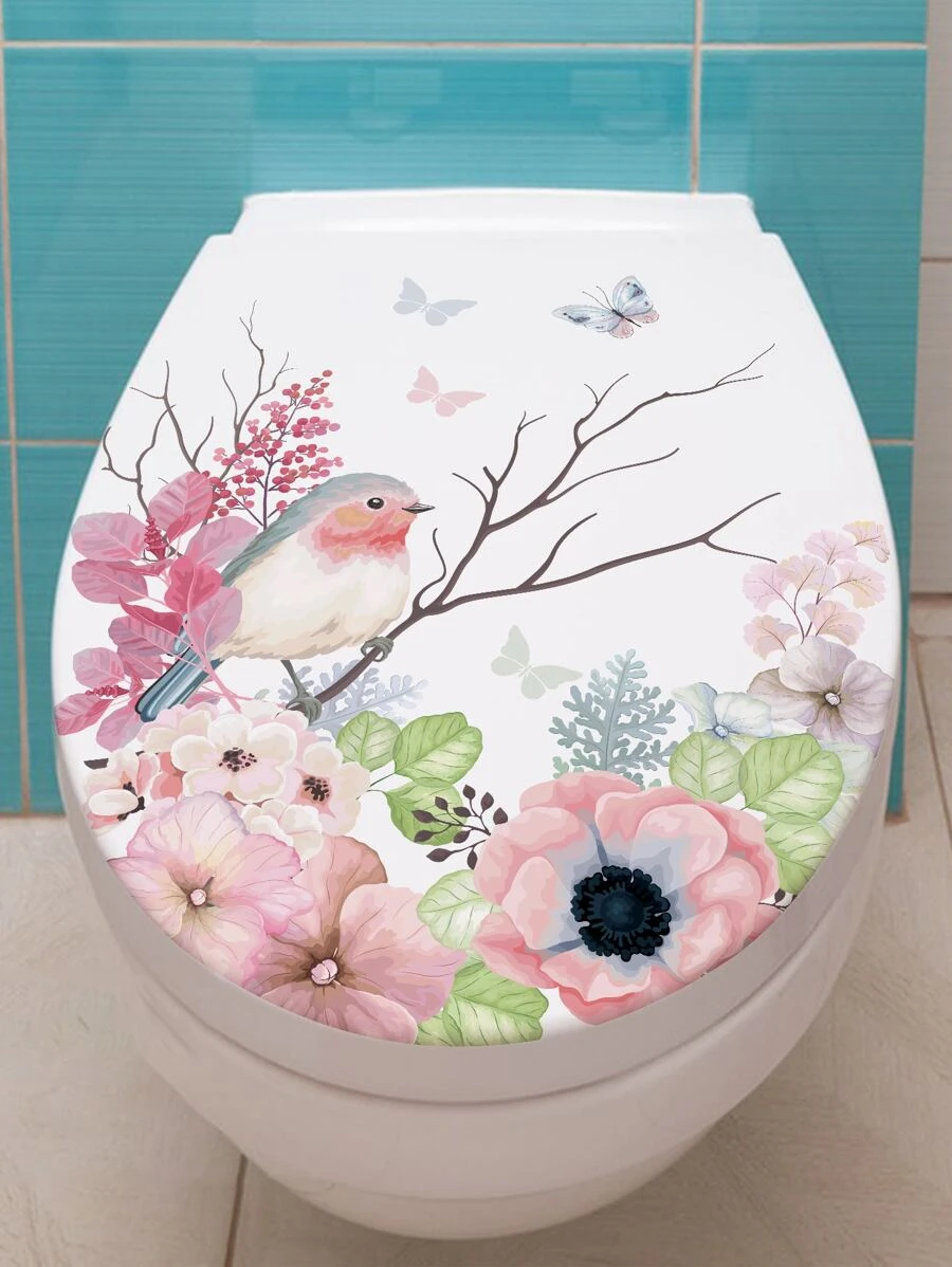 1 pieza Pegatina para tapa de inodoro con diseño de flores y mariposas para decoración de inodoro, pegatinas, vinilos decorativos para el hogar, artículos de decoración de primavera para refrescar tu hogar, pegatinas de decoración de ramas - Multicolor - Ver 1