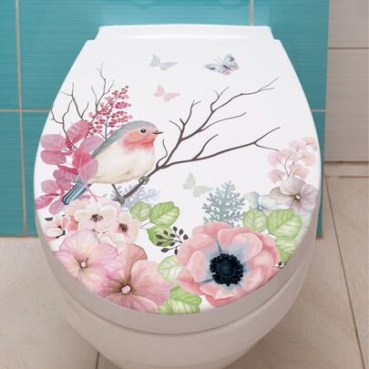 1 miếng dán nắp bồn cầu tại nhà có họa tiết hoa và bướm dùng để trang trí bồn cầu, miếng dán, miếng dán tường, miếng dán vinyl để trang trí nhà cửa, vật dụng trang trí mùa xuân làm mới ngôi nhà của bạn, miếng dán trang trí Rama