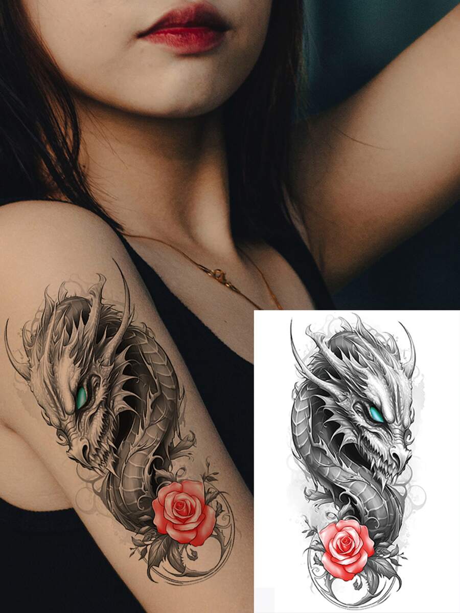 1 Hoja Tatuaje Temporal Desechable Para Hombres Con Diseño De Dragón Para Mano, Brazo Y Pierna. Tatuaje Falso Para Mujeres, Resistente Al Agua. Ideal Para Fiestas Festivas - Negro - Ver 1