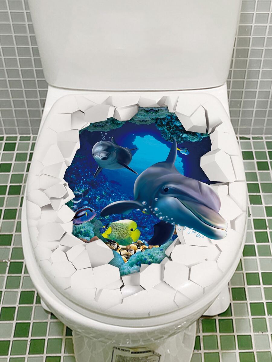 1 pieza Lindo adhesivo de tapa de inodoro con delfín para decoración del baño del hogar, adhesivos, vinilos decorativos para el hogar, artículos de decoración de primavera para refrescar tu hogar, adhesivos de decoración Rama - Multicolor - Ver 1