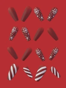 24 cái Móng Tay Hình dạng Rượu vang Đỏ  Mờ Giáng sinh Hoa tuyết Thiết kế Khối màu Đúng mốt & vui tươi Có thể đeo được Sai Đầu Móng Tay Bộ , Có thể tháo rời Đối với Nghệ thuật làm Móng Ứng dụng at Lễ hội , Các bữa tiệc Và Bạn - Màu Đỏ Sâu - Xem 3