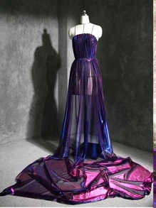 1pc Gradient Two-color Mesh Fabric, Laser Texture See-through Fabric Long Skirt Shawl Creative Handmade Fabric - Multicolor - View 3