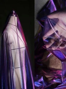 1pc Gradient Two-color Mesh Fabric, Laser Texture See-through Fabric Long Skirt Shawl Creative Handmade Fabric - Multicolor - View 5