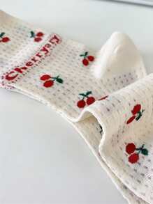 Summer Women's Short Socks With Hollow Out Design, Cute Cherry Pattern And Lace Ruffle For Casual Lolita, Ankle Length/mid-calf Plain Socks