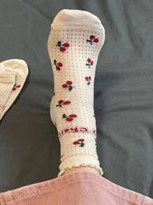 Summer Women's Short Socks With Hollow Out Design, Cute Cherry Pattern And Lace Ruffle For Casual Lolita, Ankle Length/mid-calf Plain Socks