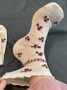 Summer Women's Short Socks With Hollow Out Design, Cute Cherry Pattern And Lace Ruffle For Casual Lolita, Ankle Length/mid-calf Plain Socks