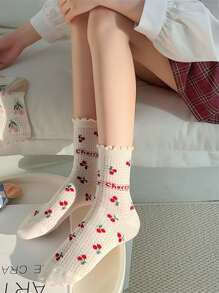 Summer Women's Short Socks With Hollow Out Design, Cute Cherry Pattern And Lace Ruffle For Casual Lolita, Ankle Length/mid-calf Plain Socks