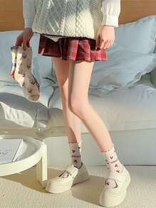 Summer Women's Short Socks With Hollow Out Design, Cute Cherry Pattern And Lace Ruffle For Casual Lolita, Ankle Length/mid-calf Plain Socks