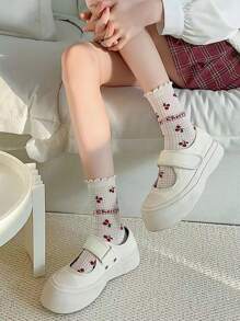 Summer Women's Short Socks With Hollow Out Design, Cute Cherry Pattern And Lace Ruffle For Casual Lolita, Ankle Length/mid-calf Plain Socks