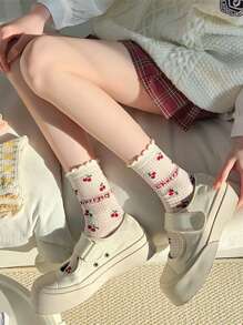 Summer Women's Short Socks With Hollow Out Design, Cute Cherry Pattern And Lace Ruffle For Casual Lolita, Ankle Length/mid-calf Plain Socks