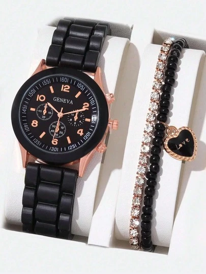 2 Pieces Women's Silicone Black Stylish Unisex Quartz Watch With Orange Digital Scales And Timing Function + Black Bead Necklace With Spliced Design And Heart-Shaped Pendant Jewelry, Suitable For Casual Wear And Daily Outings