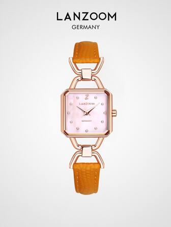 女性手錶玫瑰金殼套,粉色的媽媽的珍珠錶盤帶鑽石,V形,荔枝質感紋理帶,精美和時尚,合適的適用於日常穿著和派對