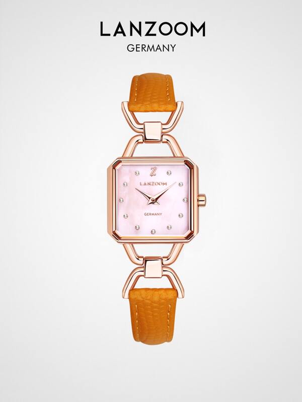Lanzoom Women's Watch Rose Gold Case, Pink Mother Of Pearl Dial With Diamond Markings, V-shaped Lugs, Yellow-brown Litchi Texture Strap, Delicate And Fashionable, Suitable For Daily Wear And Party Decoration.