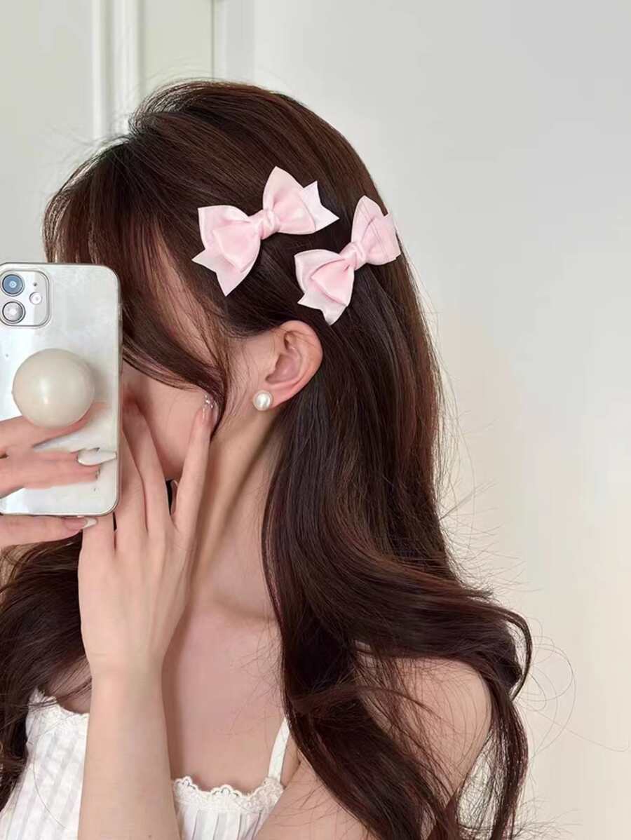 可爱 2 件装高端粉色缎带蝴蝶结发夹，适合甜美可爱女孩双马尾鳄鱼发夹发饰 - 粉色 - 查看 1