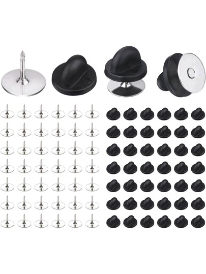 50 Sets Silver & Black Rubber Clutch Pin Backs With Tied Pins Base For Crafts