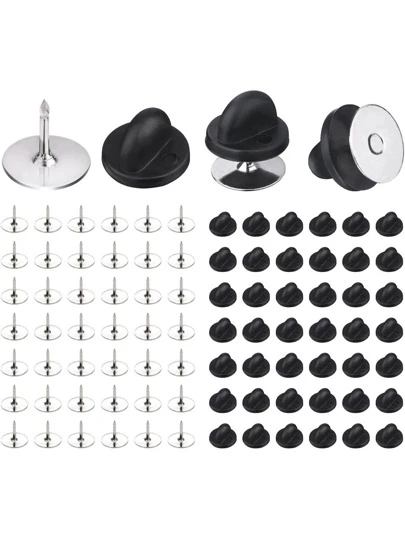 50 Sets Atrás Del Pin De Empuje De Goma Plateado Y Negro Con Base De Alfileres Atados Para Artesanías