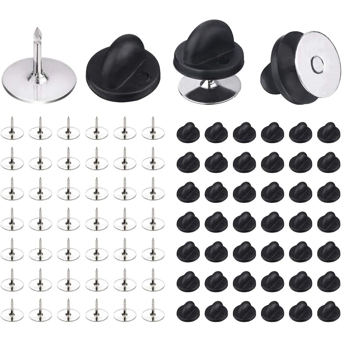 50 Sets Silver & Black Rubber Clutch Pin Backs With Tied Pins Base For Crafts
