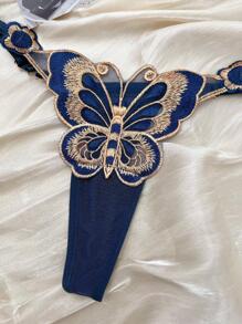 女士性感、透氣、舒適的丁字褲，腰圍可調節，藍色，蝴蝶刺繡性感內衣