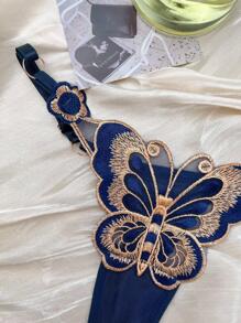 女士性感、透氣、舒適的丁字褲，腰圍可調節，藍色，蝴蝶刺繡性感內衣