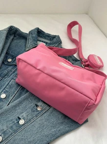 Letter Patch Decor Hobo Bag With Coin Purse Pink Pink , Women Bag With Dime Bag - Pink - View 7