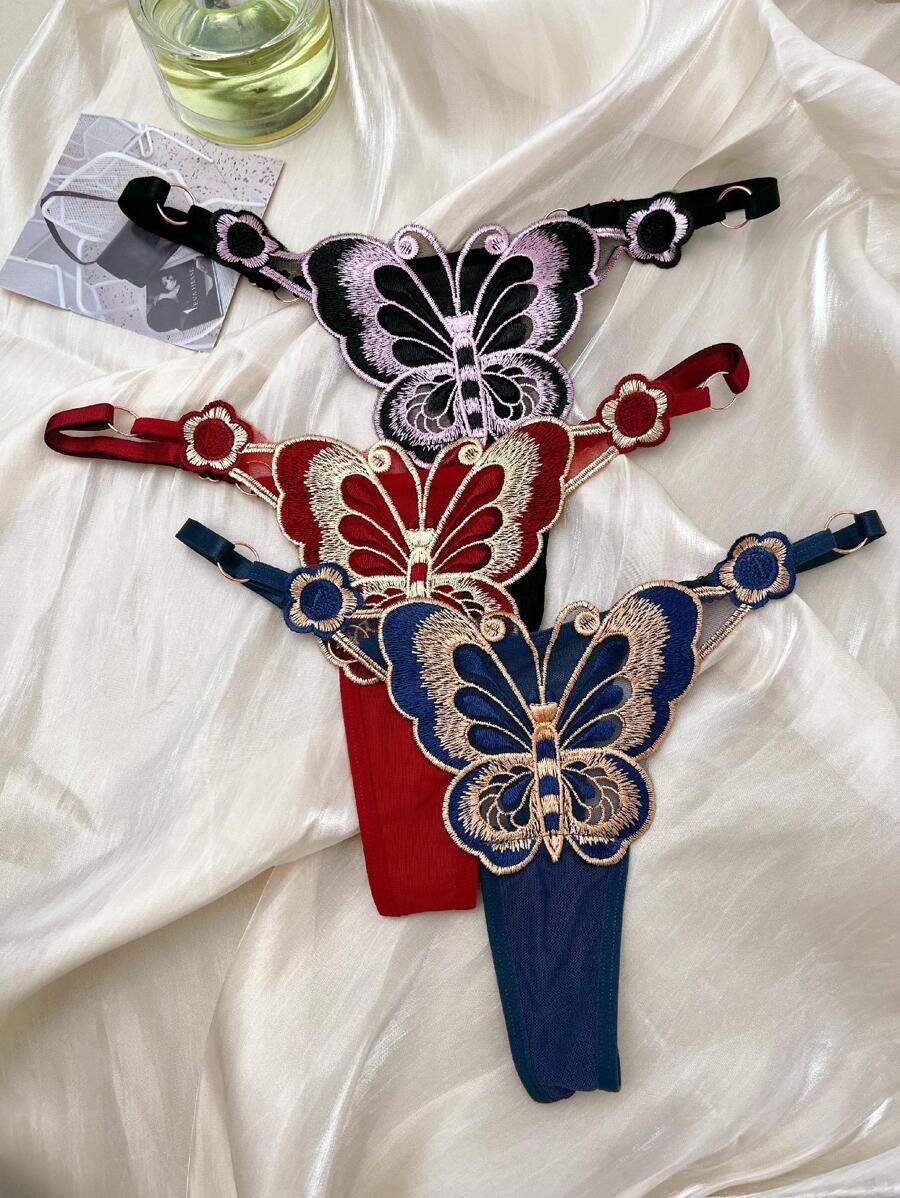 女士性感、透氣、舒適的丁字褲，腰圍可調節，藍色，蝴蝶刺繡性感內衣