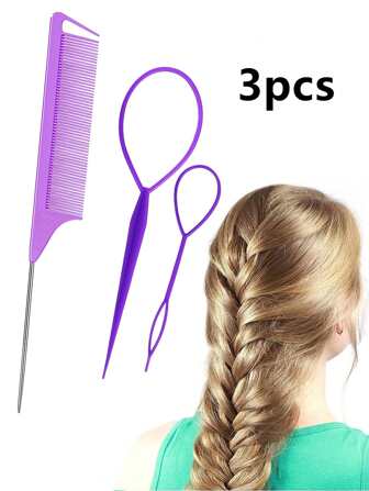 頭髮尾巴工具,3包頭髮環形工具套裝帶2入組法語編織工具環形1入組尖尾梳金屬
