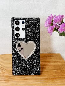 1顆愛心鏡面與鑽石裝飾的抗墜式手機殼,適用於蘋果和安卓 - 黑色 - 查看 6