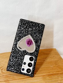1顆愛心鏡面與鑽石裝飾的抗墜式手機殼,適用於蘋果和安卓 - 黑色 - 查看 5