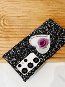 1顆愛心鏡面與鑽石裝飾的抗墜式手機殼,適用於蘋果和安卓 - 黑色 - 查看 4