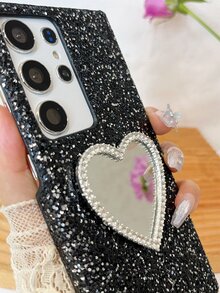 1顆愛心鏡面與鑽石裝飾的抗墜式手機殼,適用於蘋果和安卓 - 黑色 - 查看 2