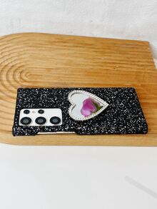 1顆愛心鏡面與鑽石裝飾的抗墜式手機殼,適用於蘋果和安卓 - 黑色 - 查看 3