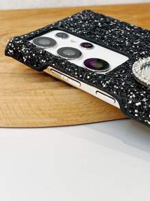 1顆愛心鏡面與鑽石裝飾的抗墜式手機殼,適用於蘋果和安卓 - 黑色 - 查看 1