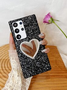 1顆愛心鏡面與鑽石裝飾的抗墜式手機殼,適用於蘋果和安卓 - 黑色 - 查看 7